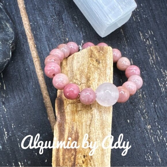 Rhodonite and pink quartz bohemian beaded ring infinity band - Picture 1 of 2